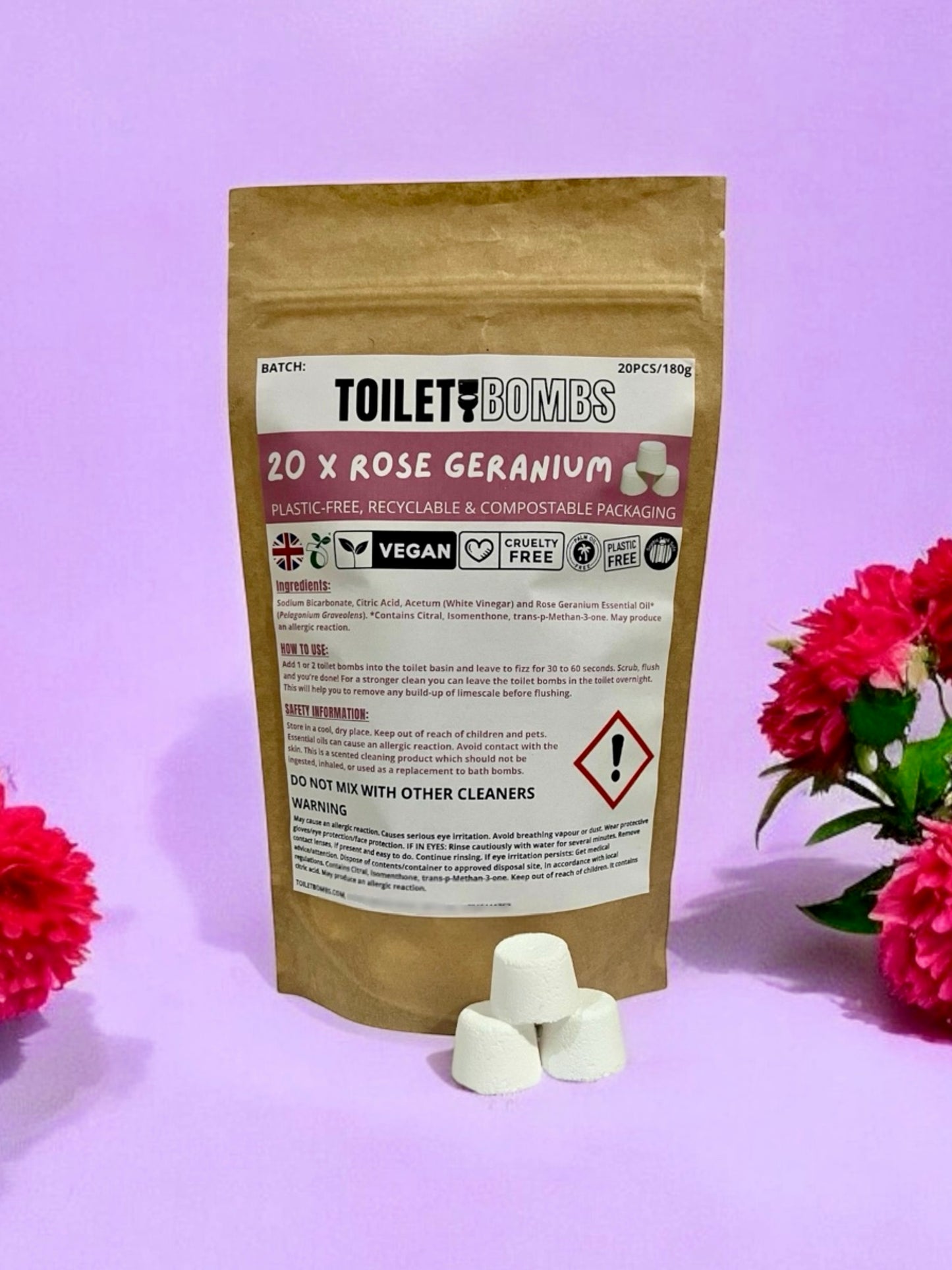 Rose Geranium Toilet Refresher Bombs - 20 Per Pack