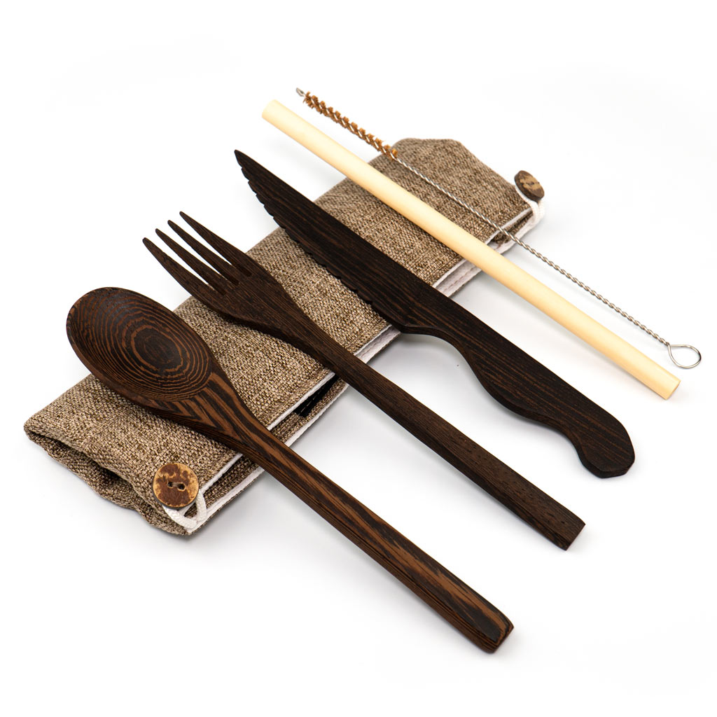 Reusable Dark Wood Cutlery Set - 5 Piece